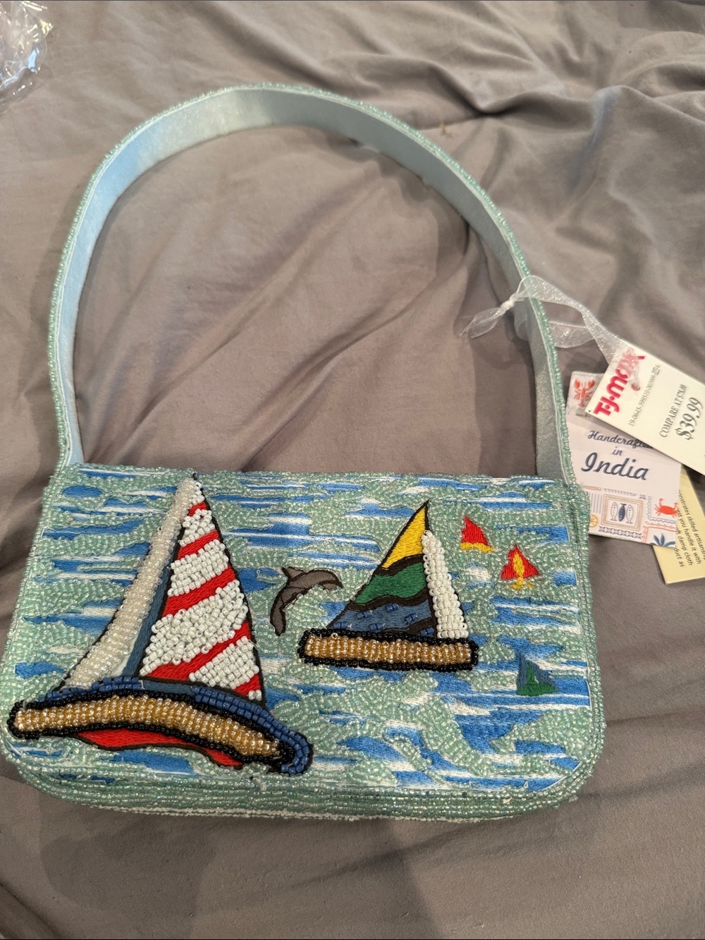 VIRAL Handcrafted Beaded Sea Sailboats Shoulder Bag - Light Blue